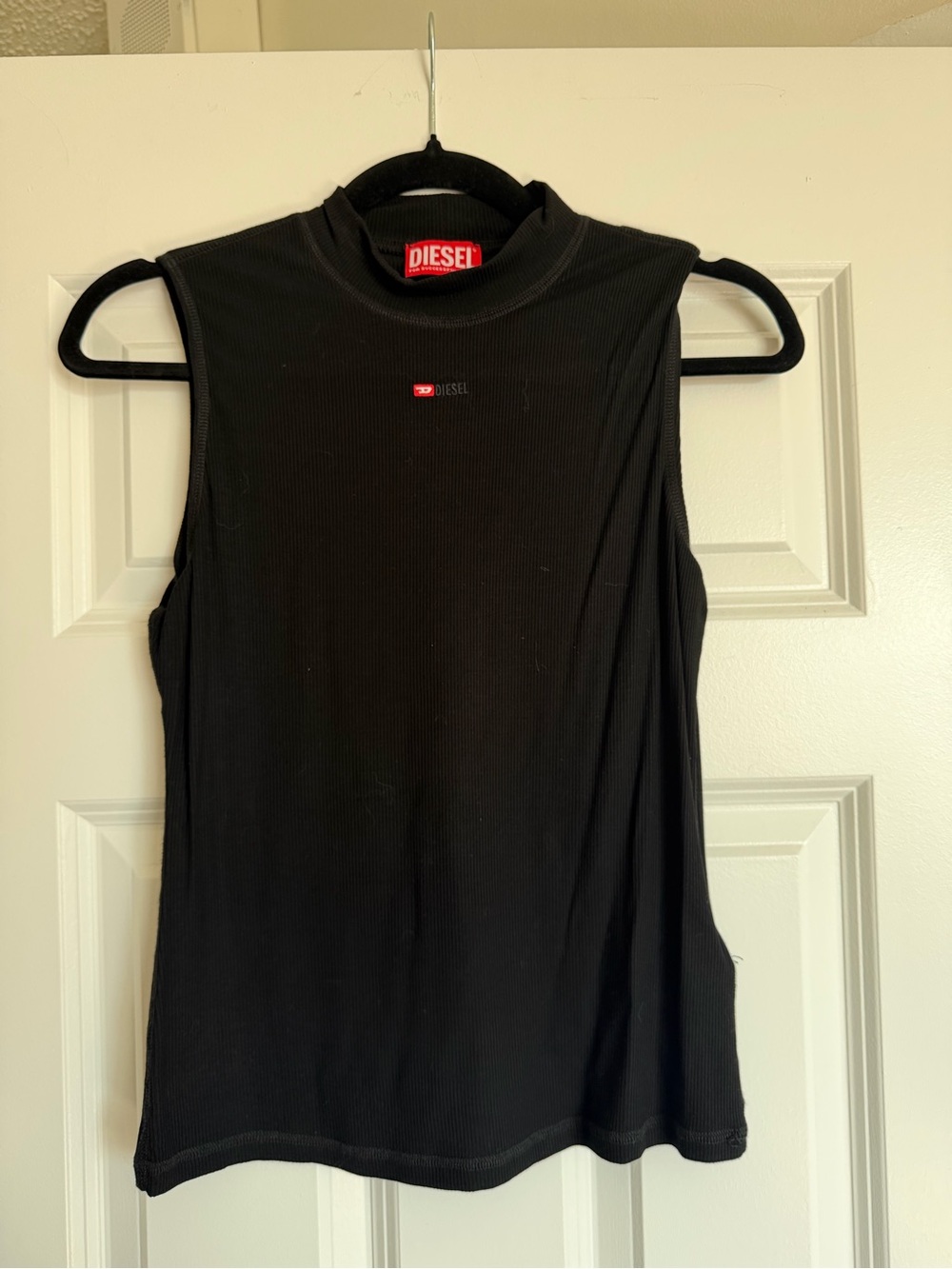 Diesel Black Ribbed Mock Neck Tank with Red Logo